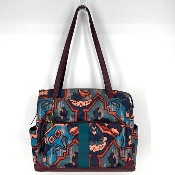 Fossil Large Tote Jenna Shopper Blue Multi Purse Double Handle With Key Charm - Picture 2 of 11
